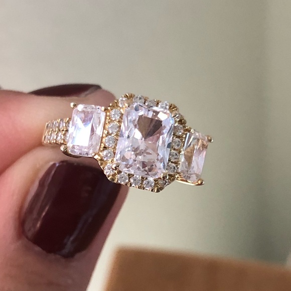 Gold emerald cut 3 stone Halo sterling silver ring - Picture 11 of 11